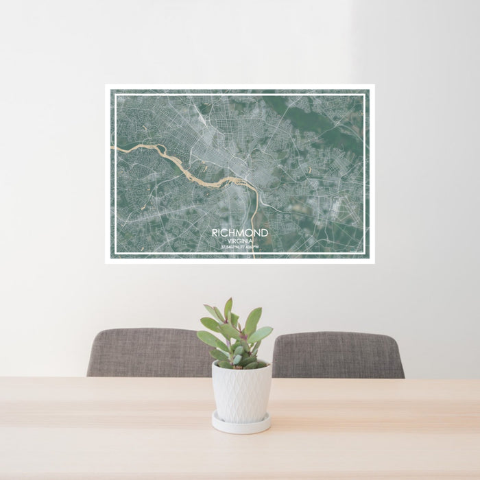 24x36 Richmond Virginia Map Print Lanscape Orientation in Afternoon Style Behind 2 Chairs Table and Potted Plant
