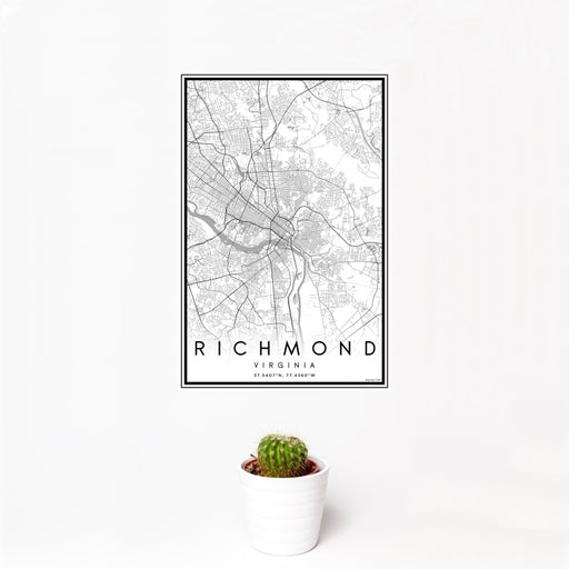 12x18 Richmond Virginia Map Print Portrait Orientation in Classic Style With Small Cactus Plant in White Planter