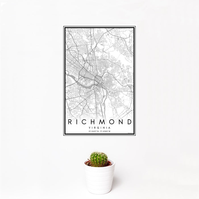 12x18 Richmond Virginia Map Print Portrait Orientation in Classic Style With Small Cactus Plant in White Planter