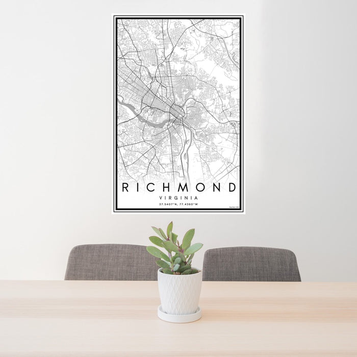 24x36 Richmond Virginia Map Print Portrait Orientation in Classic Style Behind 2 Chairs Table and Potted Plant