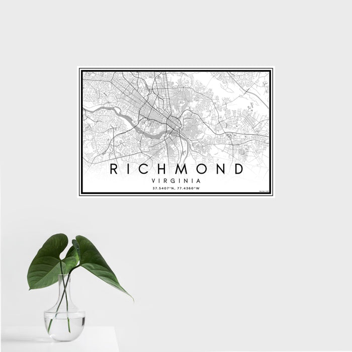 16x24 Richmond Virginia Map Print Landscape Orientation in Classic Style With Tropical Plant Leaves in Water