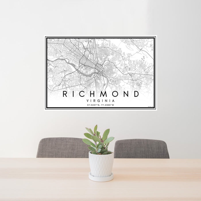 24x36 Richmond Virginia Map Print Landscape Orientation in Classic Style Behind 2 Chairs Table and Potted Plant