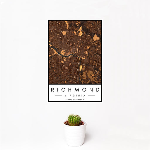 12x18 Richmond Virginia Map Print Portrait Orientation in Ember Style With Small Cactus Plant in White Planter
