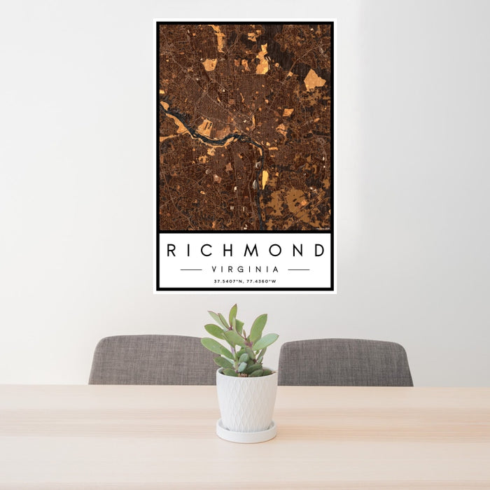 24x36 Richmond Virginia Map Print Portrait Orientation in Ember Style Behind 2 Chairs Table and Potted Plant