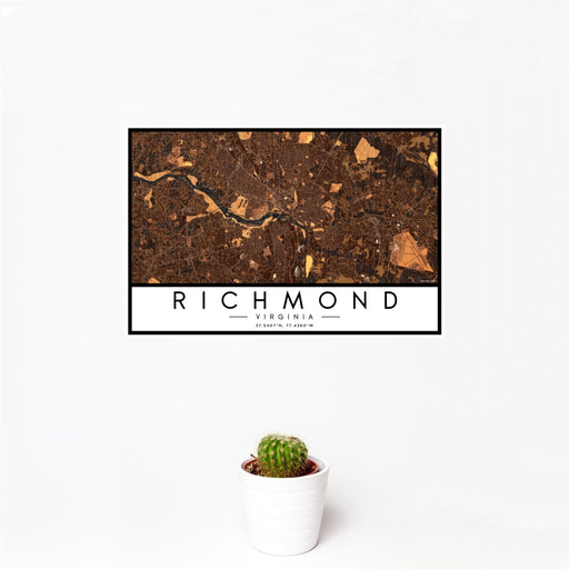 12x18 Richmond Virginia Map Print Landscape Orientation in Ember Style With Small Cactus Plant in White Planter