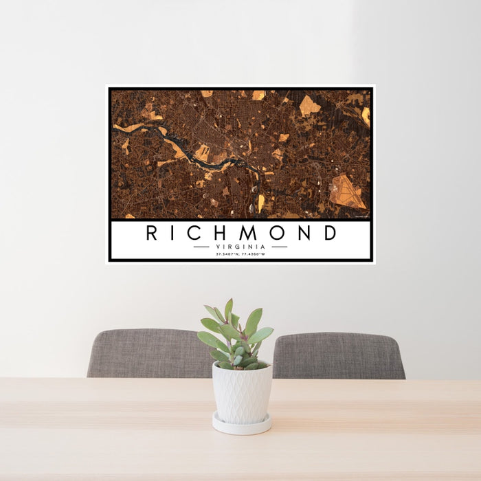 24x36 Richmond Virginia Map Print Landscape Orientation in Ember Style Behind 2 Chairs Table and Potted Plant