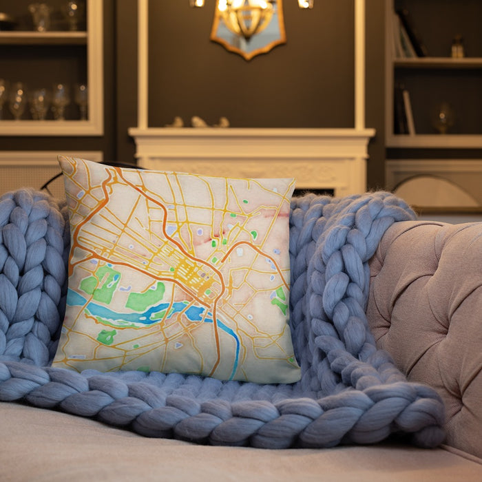 Custom Richmond Virginia Map Throw Pillow in Watercolor on Cream Colored Couch