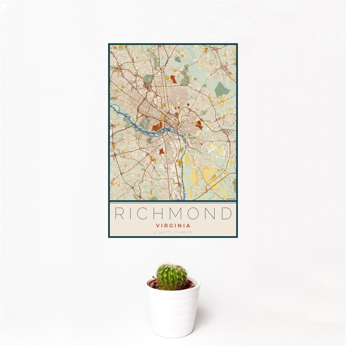 12x18 Richmond Virginia Map Print Portrait Orientation in Woodblock Style With Small Cactus Plant in White Planter
