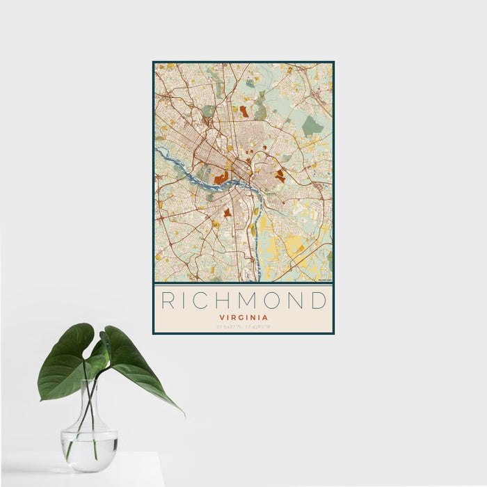16x24 Richmond Virginia Map Print Portrait Orientation in Woodblock Style With Tropical Plant Leaves in Water