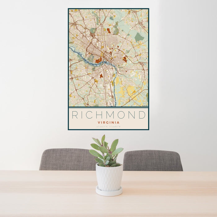 24x36 Richmond Virginia Map Print Portrait Orientation in Woodblock Style Behind 2 Chairs Table and Potted Plant