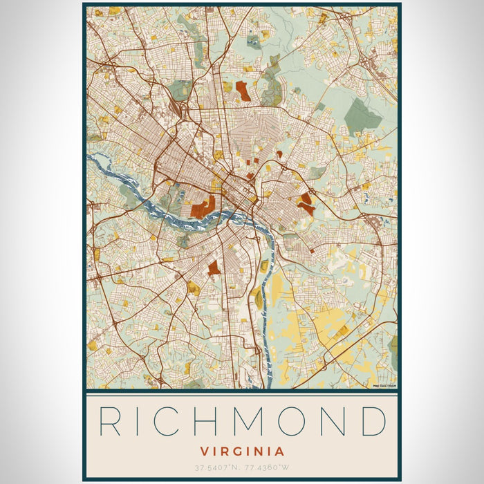 Richmond Virginia Map Print Portrait Orientation in Woodblock Style With Shaded Background