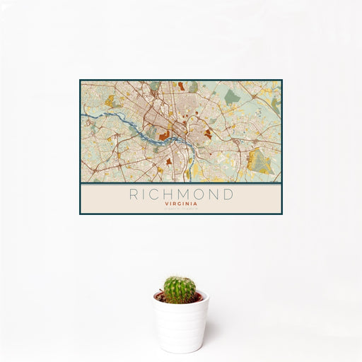 12x18 Richmond Virginia Map Print Landscape Orientation in Woodblock Style With Small Cactus Plant in White Planter