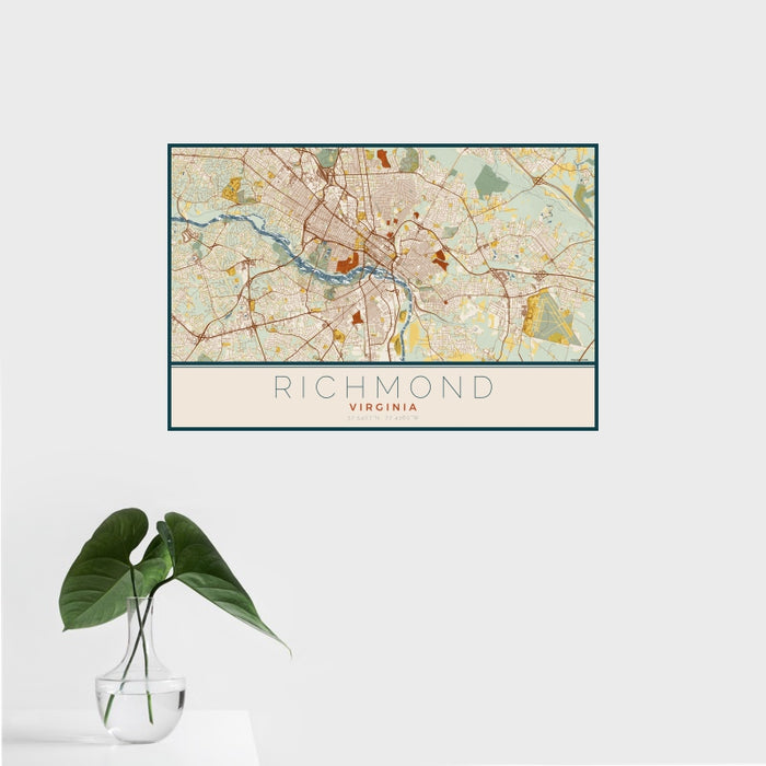 16x24 Richmond Virginia Map Print Landscape Orientation in Woodblock Style With Tropical Plant Leaves in Water