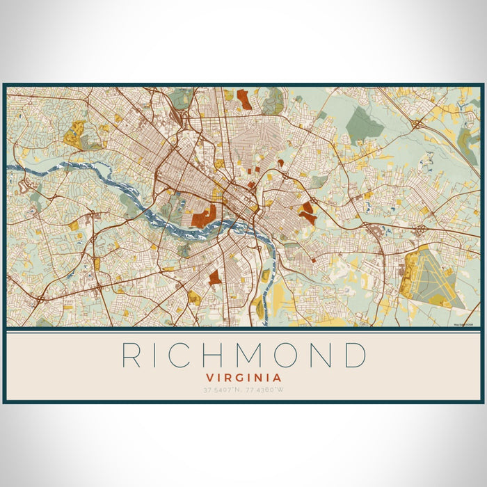 Richmond Virginia Map Print Landscape Orientation in Woodblock Style With Shaded Background