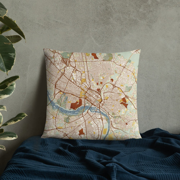 Custom Richmond Virginia Map Throw Pillow in Woodblock on Bedding Against Wall