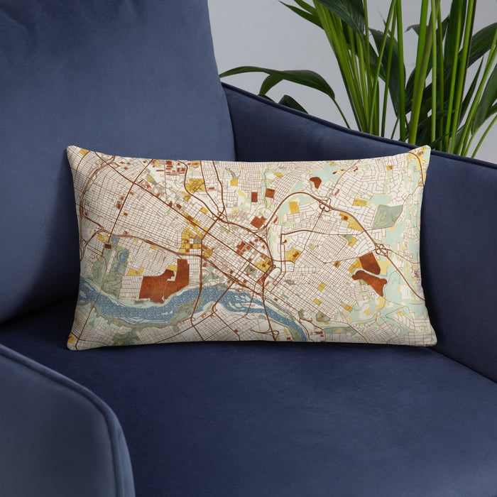 Custom Richmond Virginia Map Throw Pillow in Woodblock on Blue Colored Chair