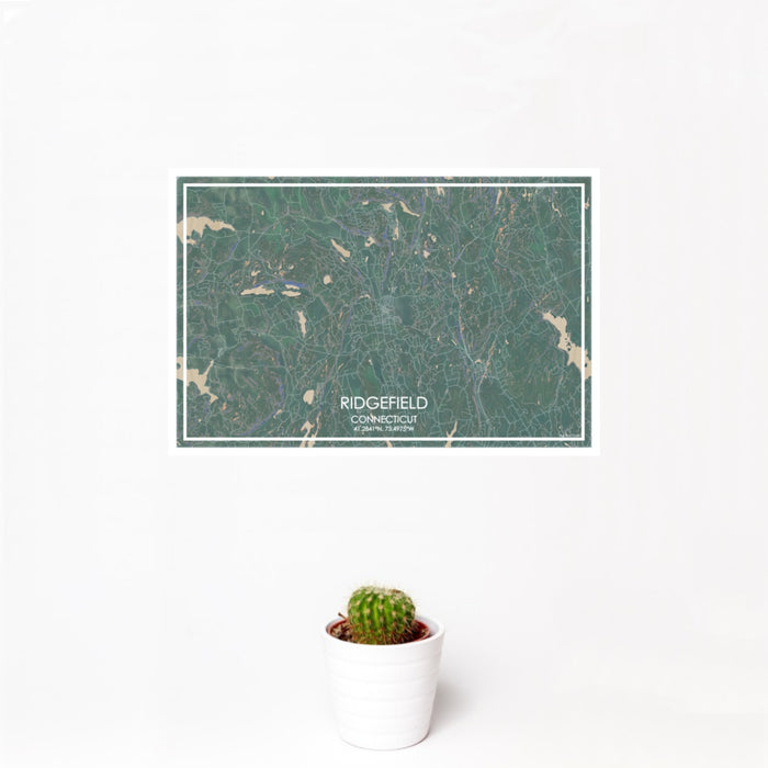 12x18 Ridgefield Connecticut Map Print Landscape Orientation in Afternoon Style With Small Cactus Plant in White Planter