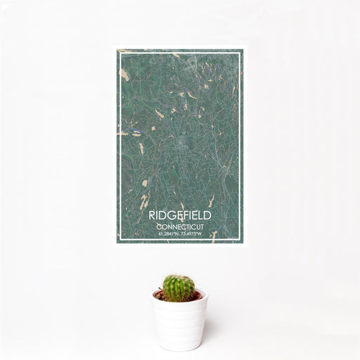 12x18 Ridgefield Connecticut Map Print Portrait Orientation in Afternoon Style With Small Cactus Plant in White Planter