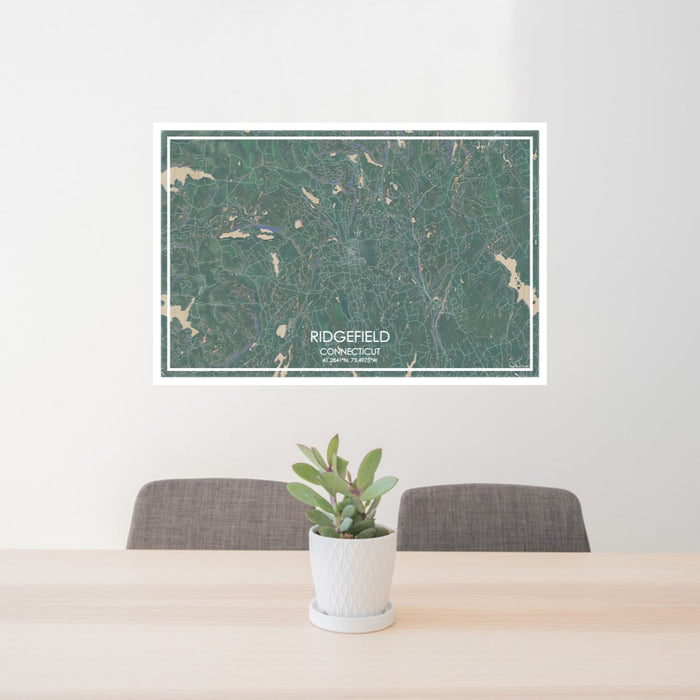 24x36 Ridgefield Connecticut Map Print Lanscape Orientation in Afternoon Style Behind 2 Chairs Table and Potted Plant
