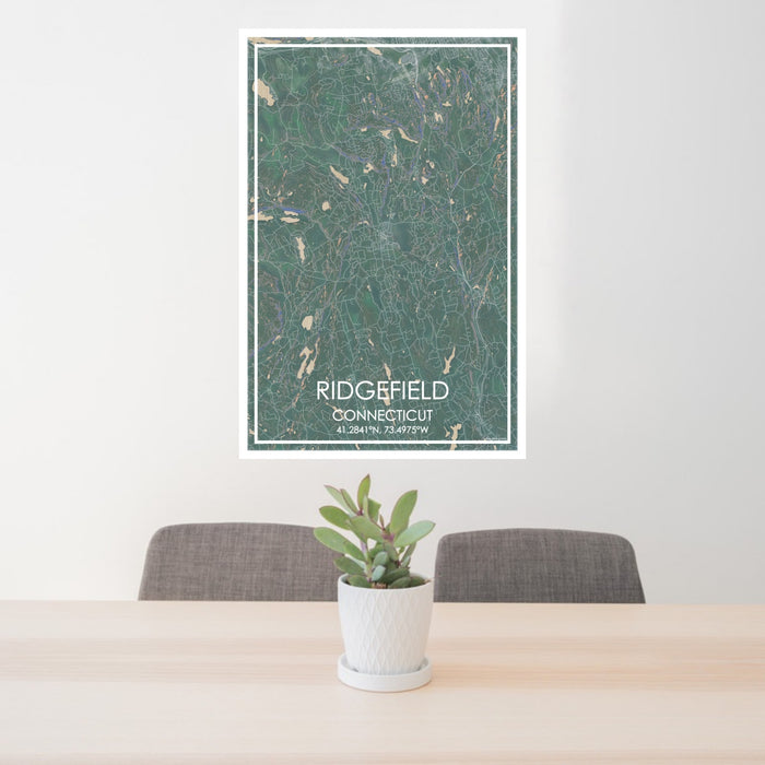 24x36 Ridgefield Connecticut Map Print Portrait Orientation in Afternoon Style Behind 2 Chairs Table and Potted Plant