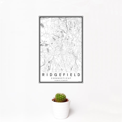 12x18 Ridgefield Connecticut Map Print Portrait Orientation in Classic Style With Small Cactus Plant in White Planter