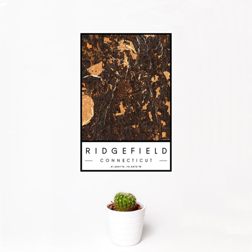 12x18 Ridgefield Connecticut Map Print Portrait Orientation in Ember Style With Small Cactus Plant in White Planter