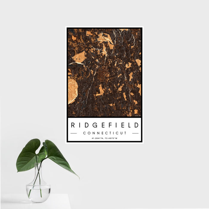 16x24 Ridgefield Connecticut Map Print Portrait Orientation in Ember Style With Tropical Plant Leaves in Water