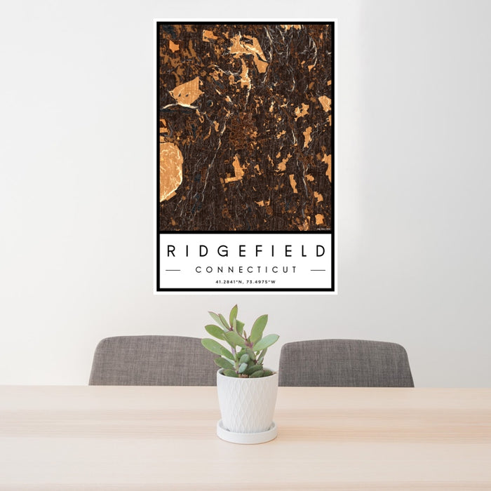 24x36 Ridgefield Connecticut Map Print Portrait Orientation in Ember Style Behind 2 Chairs Table and Potted Plant
