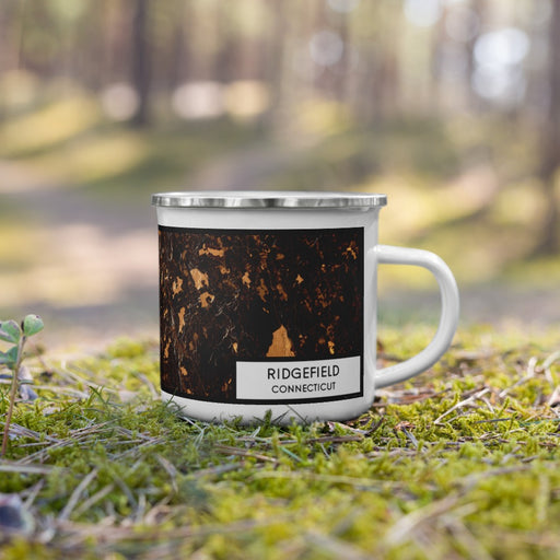 Right View Custom Ridgefield Connecticut Map Enamel Mug in Ember on Grass With Trees in Background