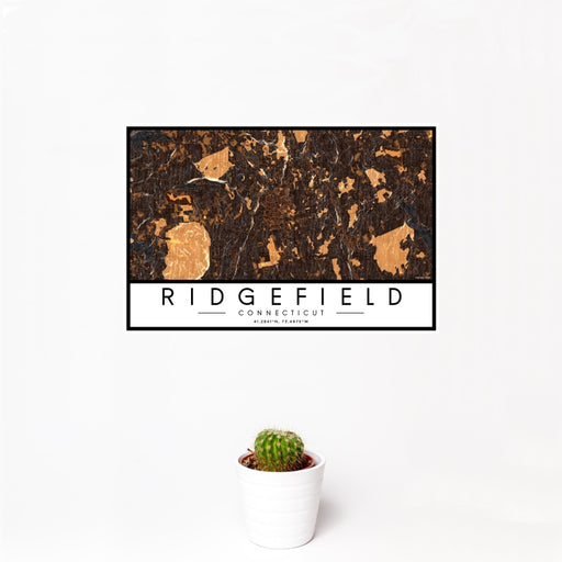 12x18 Ridgefield Connecticut Map Print Landscape Orientation in Ember Style With Small Cactus Plant in White Planter