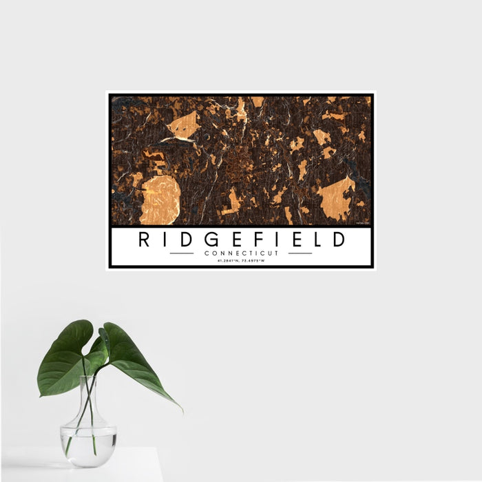 16x24 Ridgefield Connecticut Map Print Landscape Orientation in Ember Style With Tropical Plant Leaves in Water