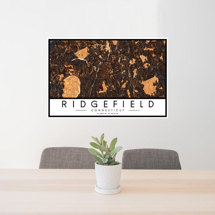 24x36 Ridgefield Connecticut Map Print Landscape Orientation in Ember Style Behind 2 Chairs Table and Potted Plant