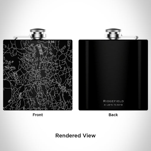 Rendered View of Ridgefield Connecticut Map Engraving on 6oz Stainless Steel Flask in Black