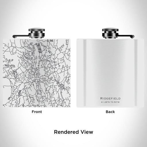 Rendered View of Ridgefield Connecticut Map Engraving on 6oz Stainless Steel Flask in White