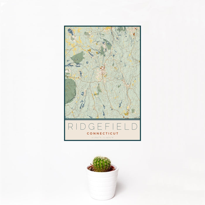 12x18 Ridgefield Connecticut Map Print Portrait Orientation in Woodblock Style With Small Cactus Plant in White Planter