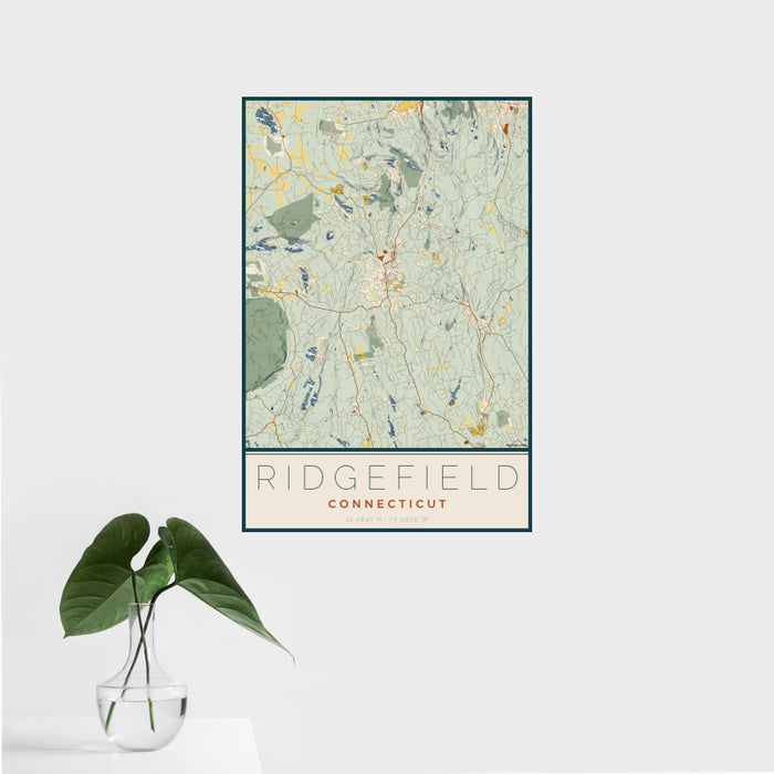 16x24 Ridgefield Connecticut Map Print Portrait Orientation in Woodblock Style With Tropical Plant Leaves in Water
