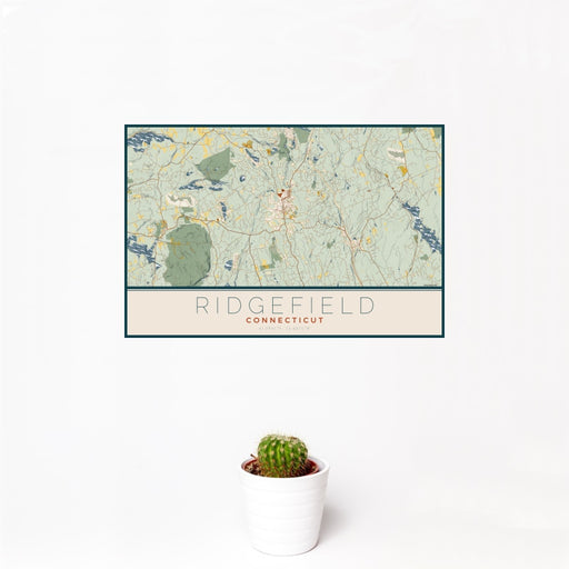 12x18 Ridgefield Connecticut Map Print Landscape Orientation in Woodblock Style With Small Cactus Plant in White Planter