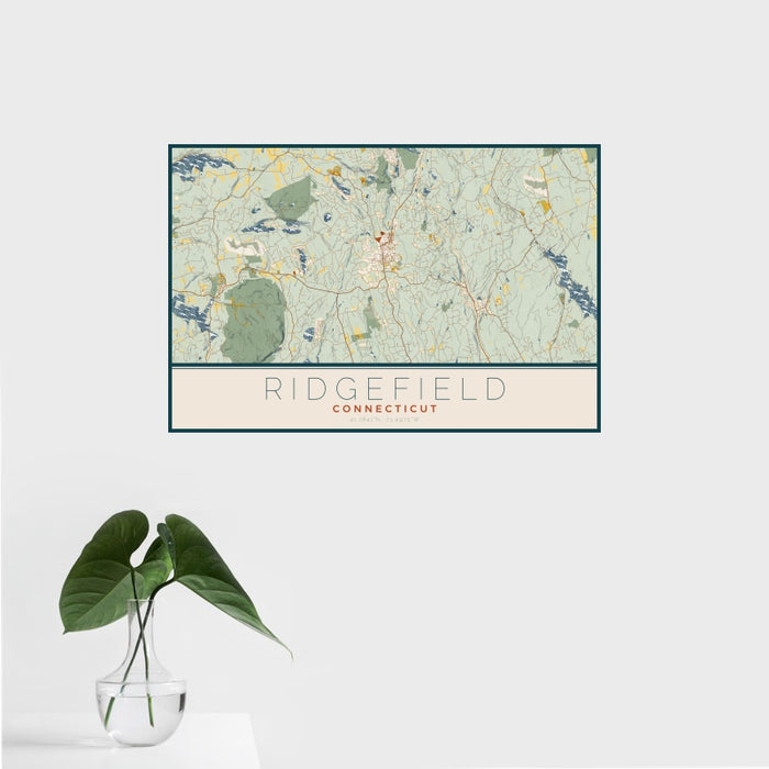 16x24 Ridgefield Connecticut Map Print Landscape Orientation in Woodblock Style With Tropical Plant Leaves in Water