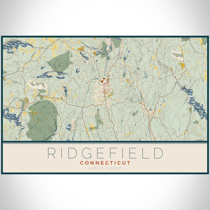 Ridgefield Connecticut Map Print Landscape Orientation in Woodblock Style With Shaded Background