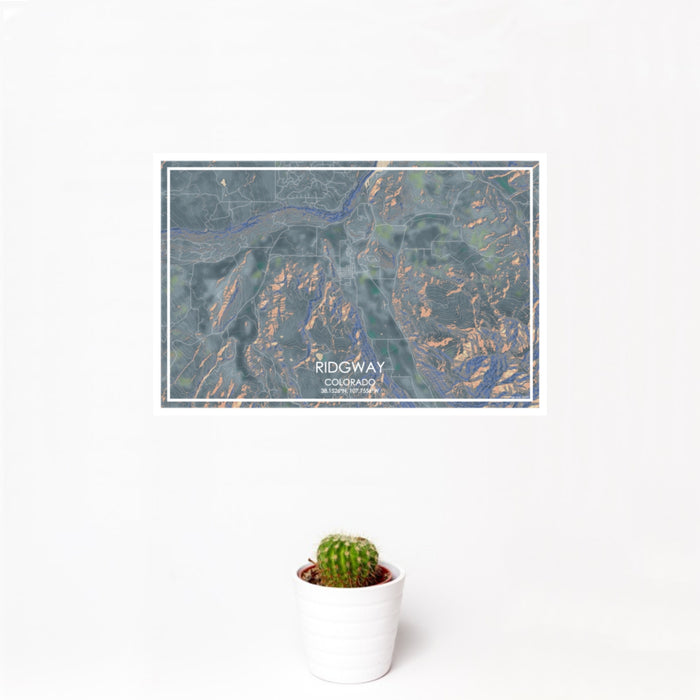 12x18 Ridgway Colorado Map Print Landscape Orientation in Afternoon Style With Small Cactus Plant in White Planter