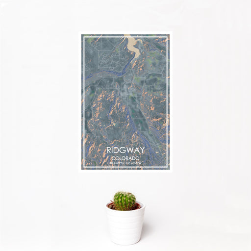 12x18 Ridgway Colorado Map Print Portrait Orientation in Afternoon Style With Small Cactus Plant in White Planter