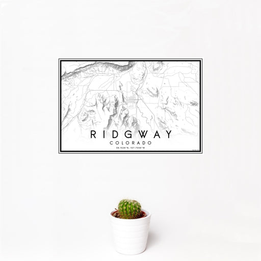 12x18 Ridgway Colorado Map Print Landscape Orientation in Classic Style With Small Cactus Plant in White Planter