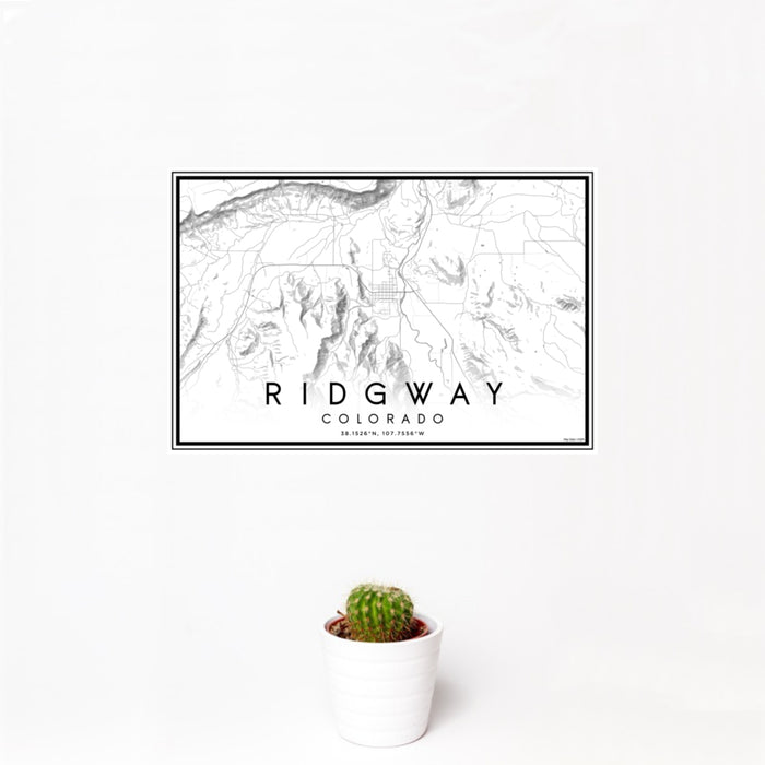 12x18 Ridgway Colorado Map Print Landscape Orientation in Classic Style With Small Cactus Plant in White Planter