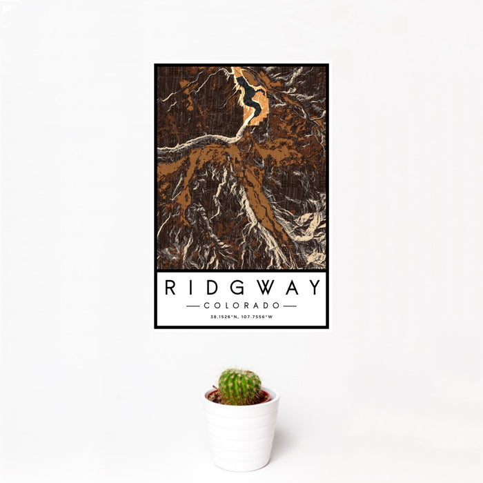 12x18 Ridgway Colorado Map Print Portrait Orientation in Ember Style With Small Cactus Plant in White Planter