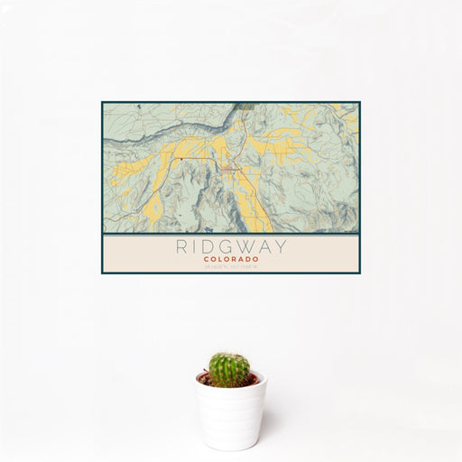 12x18 Ridgway Colorado Map Print Landscape Orientation in Woodblock Style With Small Cactus Plant in White Planter