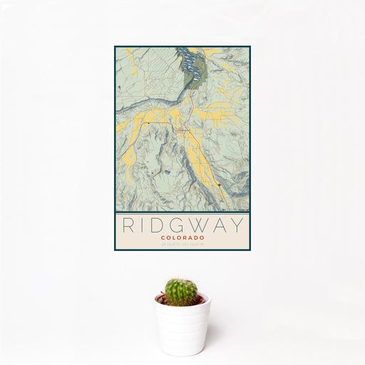 12x18 Ridgway Colorado Map Print Portrait Orientation in Woodblock Style With Small Cactus Plant in White Planter