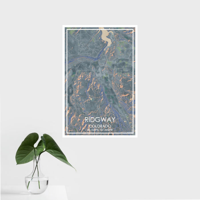 16x24 Ridgway Colorado Map Print Portrait Orientation in Afternoon Style With Tropical Plant Leaves in Water