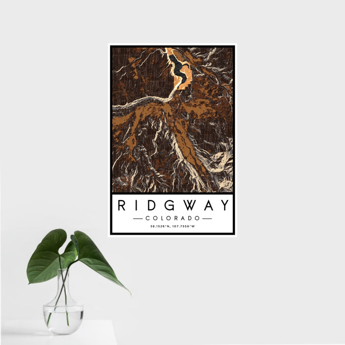 16x24 Ridgway Colorado Map Print Portrait Orientation in Ember Style With Tropical Plant Leaves in Water