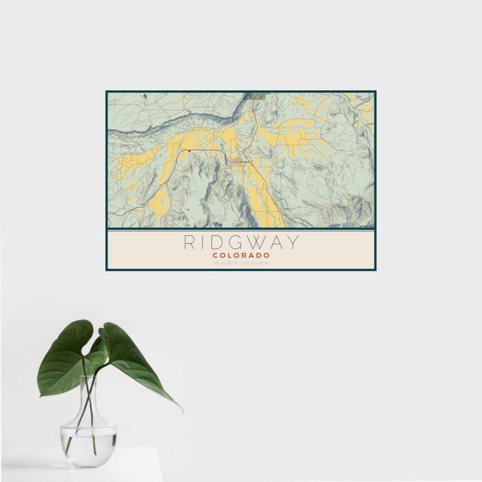 16x24 Ridgway Colorado Map Print Landscape Orientation in Woodblock Style With Tropical Plant Leaves in Water
