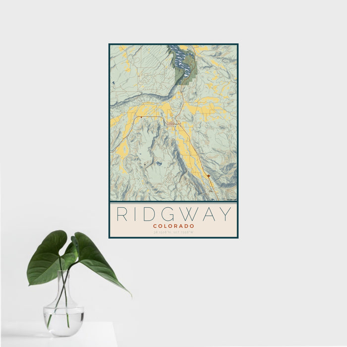 16x24 Ridgway Colorado Map Print Portrait Orientation in Woodblock Style With Tropical Plant Leaves in Water